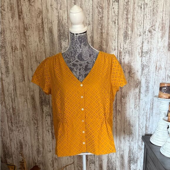 J.Crew Eyelet Peplum Button Front Top in Mustard - Size 14 - Picture 4 of 9
